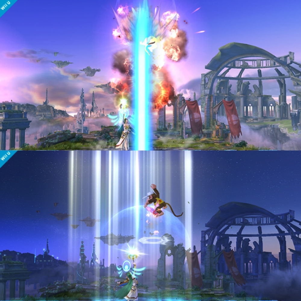 Mira a Palutena ejecutar dos ataques: su Up Smash (el de arriba), que tiene buén alcance, y Heavenly Light (el de abajo), que puede hacer daño pero no provoca reacción alguna de los oponentes.