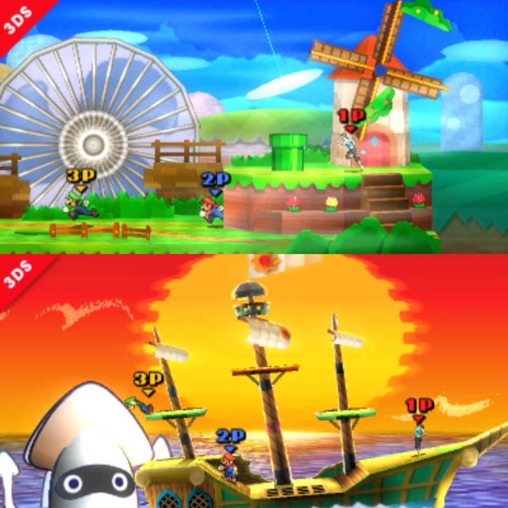 Aquí está un nivel para la versión del 3DS, que está basado en la serie Paper Mario. Este nivel puede ser desmantelado por vientos fuertes y puede transformarse una y otra vez, como estás viendo ahora.