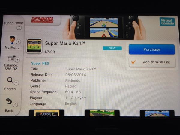 Esta es la imagen del forista en NeoGAF que notó la existencia de Super Mario Kart en el Virtual Console del Wii U.